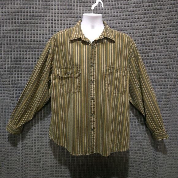 VTG Long Sleeve Button Shirt Mens Lg Green Stripe 90s Y2K Collar Western Cowboy - Picture 1 of 16